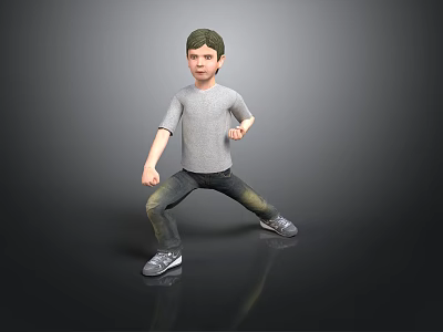 3D Model Boy In Gray T-shirt Jeans And Sneakers With Dynamic Pose On Reflected Floor 3d model