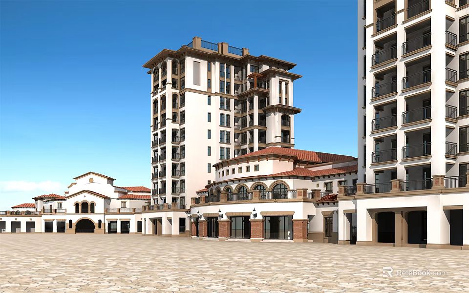 Modern Residential Building With Balconies Retail Units Red Tiled Roof And Open Plaza 3d model 