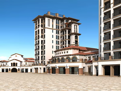 Modern Residential Building With Balconies Retail Units Red Tiled Roof And Open Plaza 3d model