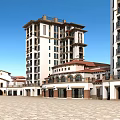Modern Residential Building With Balconies Retail Units Red Tiled Roof And Open Plaza