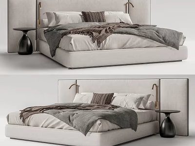 Modern Double Bed With Upholstered Headboard Cozy Bedding Pillows And Side Nightstand 3d model