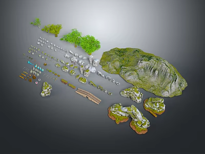 3D Terrain Elements Including Mountain Rocks Trees Bridges And Small Structures 3d model