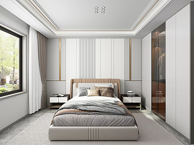 Modern Bedroom Interior Design With Wooden Headboard Nightstands And Vertical Striped Walls 3d model
