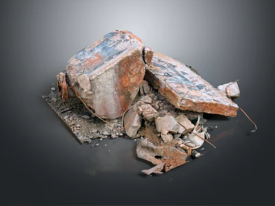 Collapsed Building Ruins With Broken Bricks Rusted Metal Rubble And Debris 3d model