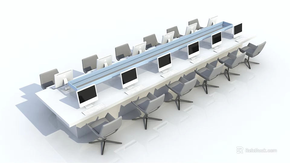 Modern Office Desk Workspace With Multiple Computer Monitors And Ergonomic Chairs 3d model