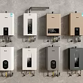 Modern Water Heaters In Various Colors With Display Screens And Control Buttons On Gray Wall
