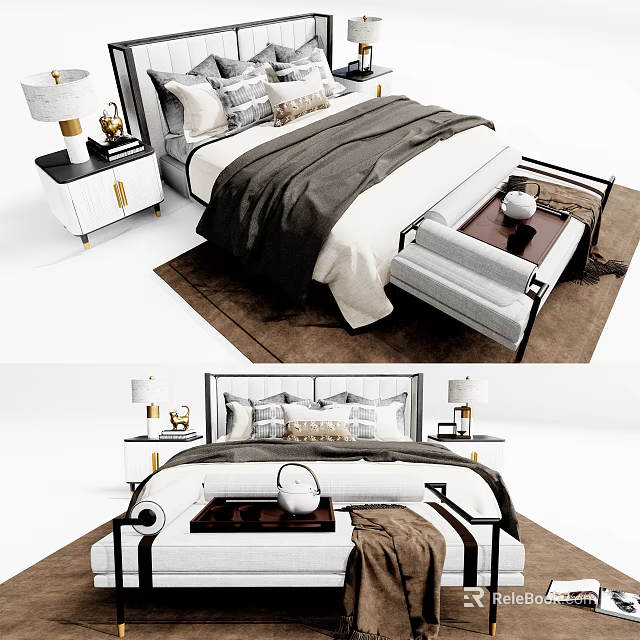 Elegant Modern Double Bed Interior With Nightstands Lamps And Cozy Bedding 3d model
