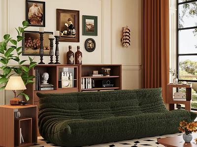 Cozy Living Room Interior With Dark Green Sofa Framed Artworks Wooden Bookshelf And Potted Plant 3d model