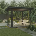 Modern Garden with Pergola White Outdoor Furniture Green Plants Lawn and Stone Path Lighting