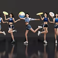 Energetic Women Jumping Holding Colorful Frisbees In Sportswear On Dark Reflective Floor 3d model