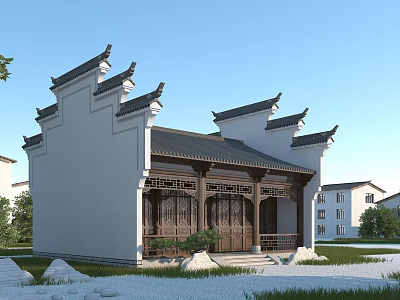 Traditional Chinese Ancient Architecture with White Walls Black Roof Curved Eaves and Wooden Doors 3d model