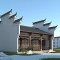 Traditional Chinese Ancient Architecture with White Walls Black Roof Curved Eaves and Wooden Doors