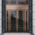 Modern Bronze Swing Door With Glass Panels And Marble Wall Surroundings