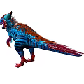 Colorful Feathered Dinosaur With Vibrant Red Blue Stripes And Open Mouth Pose