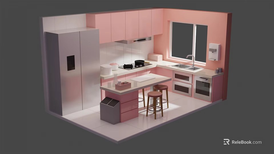 Cartoon Style Kitchen Scene With Pink Cabinets Stainless Steel Refrigerator Island Counter And Bar Stools 3d model 