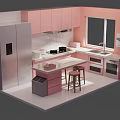 Cartoon Style Kitchen Scene With Pink Cabinets Stainless Steel Refrigerator Island Counter And Bar Stools