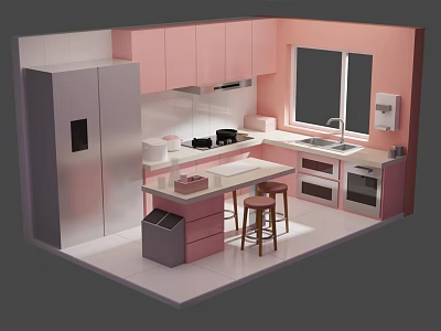 Cartoon Style Kitchen Scene With Pink Cabinets Stainless Steel Refrigerator Island Counter And Bar Stools 3d model
