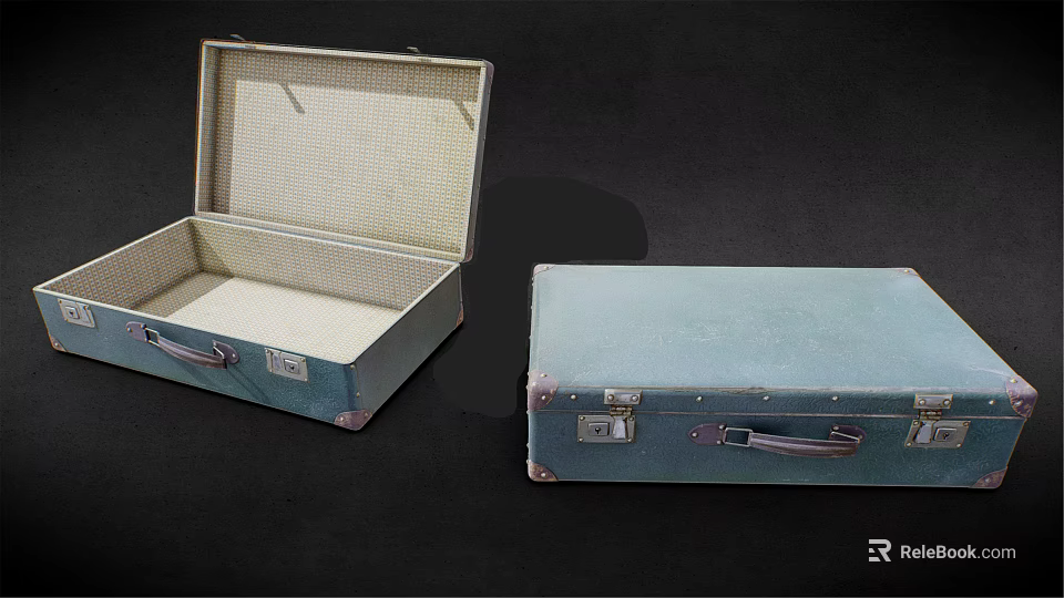 Light Blue Vintage Suitcases Open And Closed With Metal Locks Handles And Interior Lining 3d model 