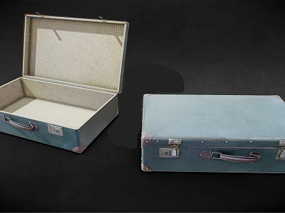Light Blue Vintage Suitcases Open And Closed With Metal Locks Handles And Interior Lining 3d model