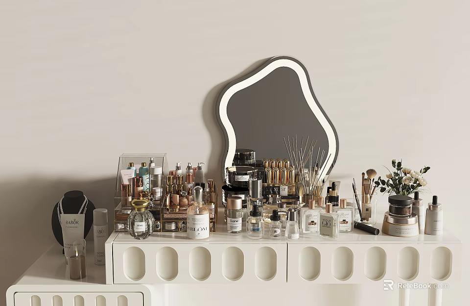 Perfume and Cosmetics On Vanity Table With Decorative Mirror And Various Beauty Products 3d model 
