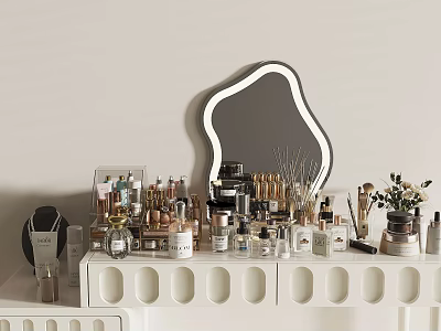 Perfume and Cosmetics On Vanity Table With Decorative Mirror And Various Beauty Products 3d model
