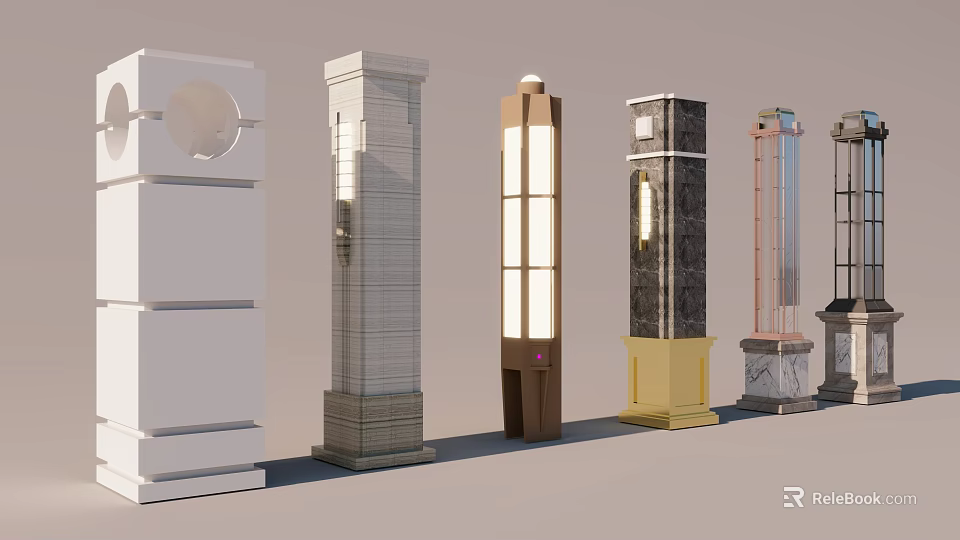 Diverse Architectural Components Featuring Decorative Columns And Lamp Posts In Various Styles 3d model 