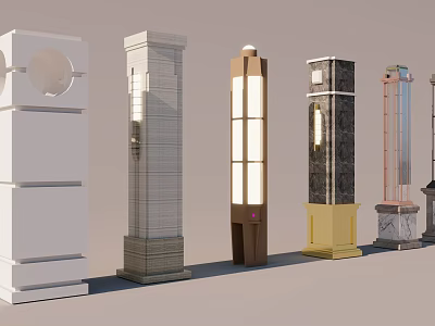 Diverse Architectural Components Featuring Decorative Columns And Lamp Posts In Various Styles 3d model
