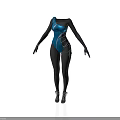 Woman Wearing Blue One Piece Bodysuit With Black Long Sleeves And Black Tights