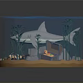Aquatic Animals Scene in Blue Polyhedron Container with Whale and Aquatic Plants