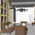 Car Dealership Showroom With Red Ceiling Structure Sports Cars And Wheel Decorations