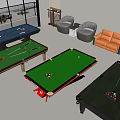 Spacious Billiard Room With Multiple Colored Pool Tables Sofas Bean Bags And Mountain View