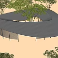 Modern Irregular Shaped Pergola Design With Central Tree And Surrounding Greenery