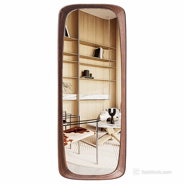 Modern Decorative Mirror With Wooden Frame Reflecting Interior Bookshelves And Furniture 3d model 