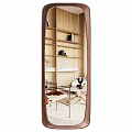 Modern Decorative Mirror With Wooden Frame Reflecting Interior Bookshelves And Furniture