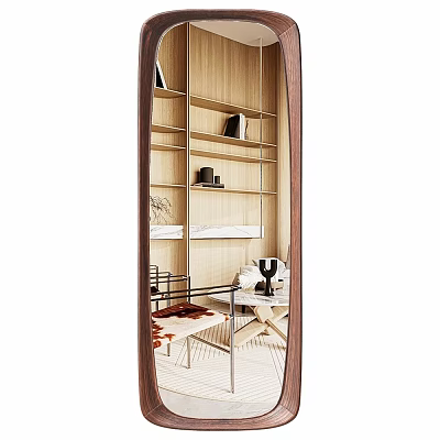 Modern Decorative Mirror With Wooden Frame Reflecting Interior Bookshelves And Furniture 3d model