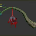 Blue Creature With Pink Tail Hanging On Curved Tree Branch With Green Leaf