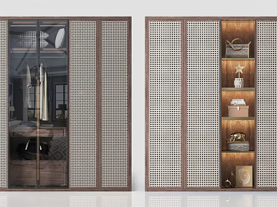 Modern Wardrobe With Glass Doors Lattice Panels And Open Storage Shelves For Bags And Decor 3d model