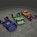 Three Colorful Toy Truck Models Blue White Yellow On Gray Ground With Small Figure