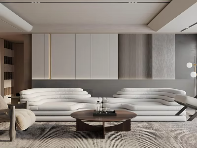 Elegant Modern Living Room Interior With White Sofa Coffee Table Gray Wall And Storage Cabinets 3d model