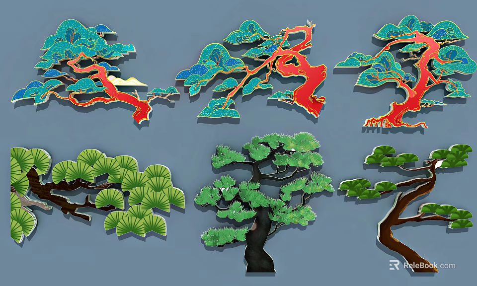 Three Dimensional Modern Pine Tree Pendant Decorations In Different Colors And Shapes 3d model 