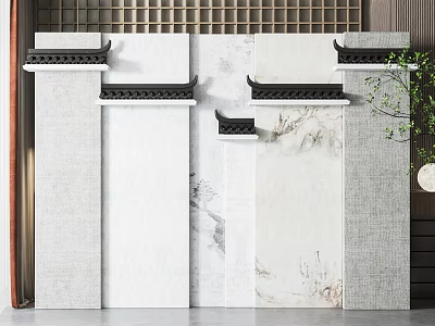 Chinese Style Background Wall With Traditional Eaves Decoration And Ink Painting Pattern 3d model