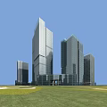 Modern Office Building Complex With Glass Curtain Walls And Green Lawn Area