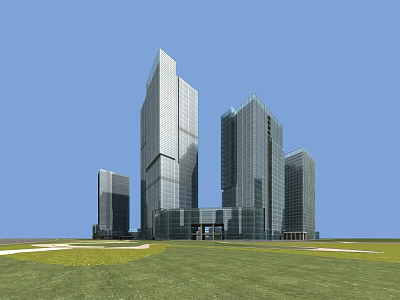 Modern Office Building Complex With Glass Curtain Walls And Green Lawn Area 3d model