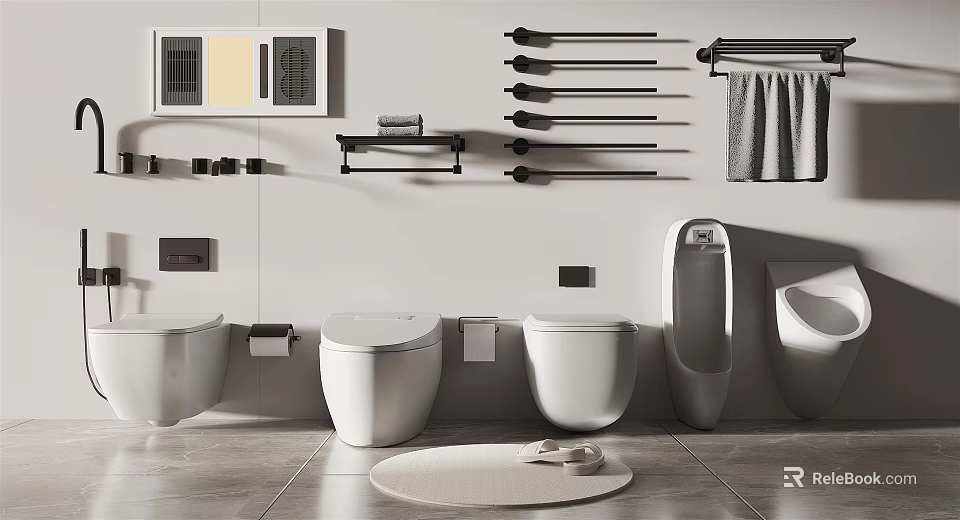 Wall Hung And Floor Standing Toilets In Bathroom With Towel Racks Shelves And Tiled Floor 3d model 