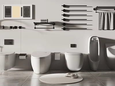 Wall Hung And Floor Standing Toilets In Bathroom With Towel Racks Shelves And Tiled Floor 3d model