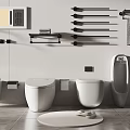 Wall Hung And Floor Standing Toilets In Bathroom With Towel Racks Shelves And Tiled Floor