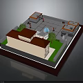 Single Storey Residential Building with Red Roof Green Lawn and Courtyard Fountain