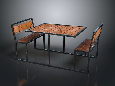 Outdoor Table With Wooden Tabletop Metal Frame And Two Matching Chairs Featuring Wooden Seats Backrests 3d model