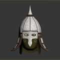 Ancient Spiked Silver Helmet With Green Face Guard And Brown Ear Flaps