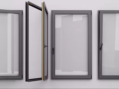 Modern Casement Windows With Dark Frames Clear Glass Open And Closed 3d model